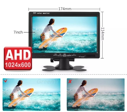 Монитор 7 дюймов с поддержкой AHD с разрешением 1024*600 (IPS) под кабель М12 на кронштейне