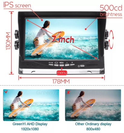 Монитор 7 дюймов с поддержкой AHD с разрешением 1024*600 (IPS) под кабель М12 на скобе